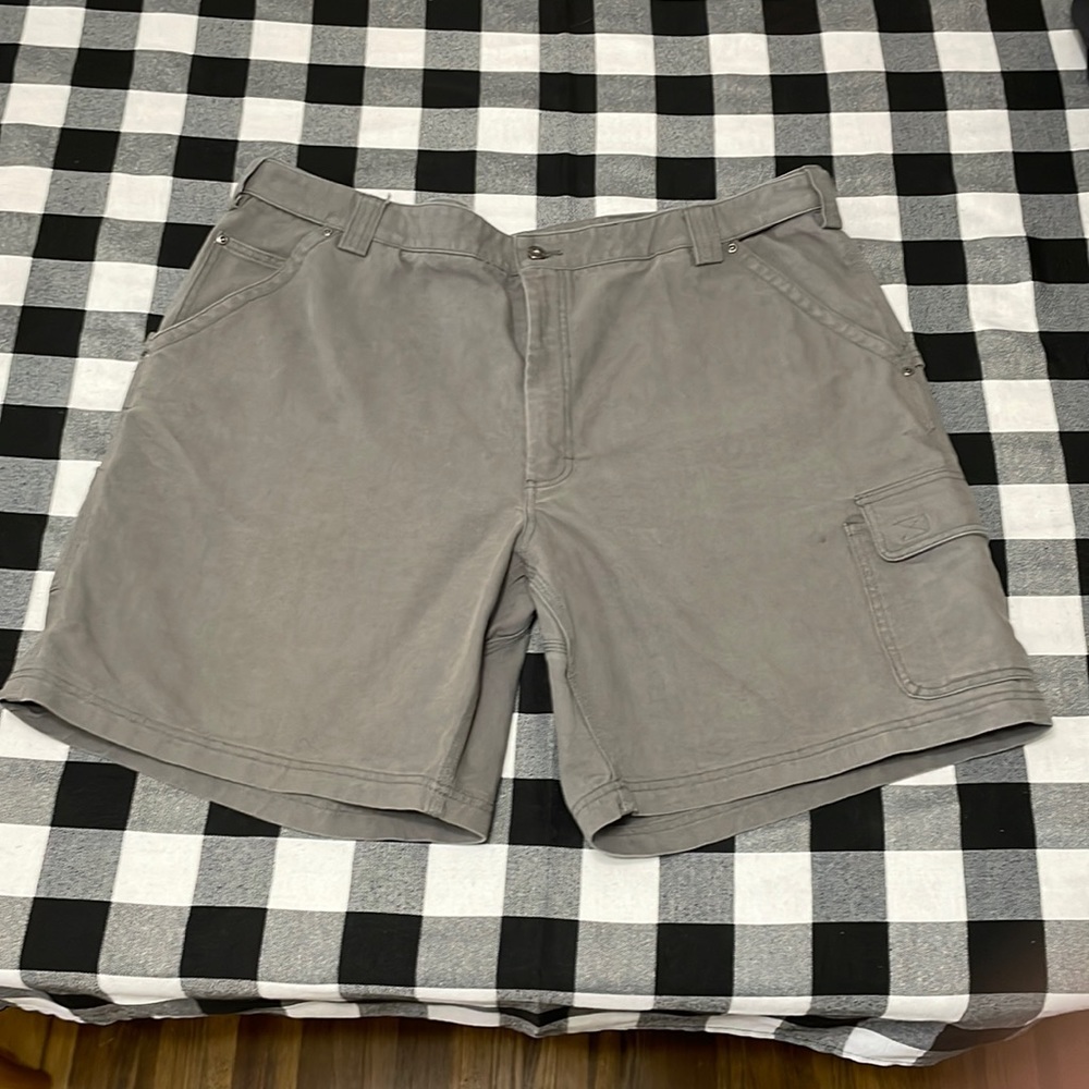 Duluth Trading Cargo Carpenter Shorts 9 Pockets Sz 48 Canvas Gray Stretch Waist